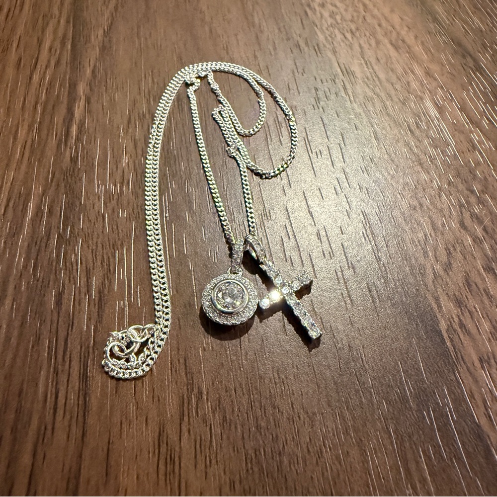 Sterling Silver and Moissanite Necklace with Cross and Round Pendants